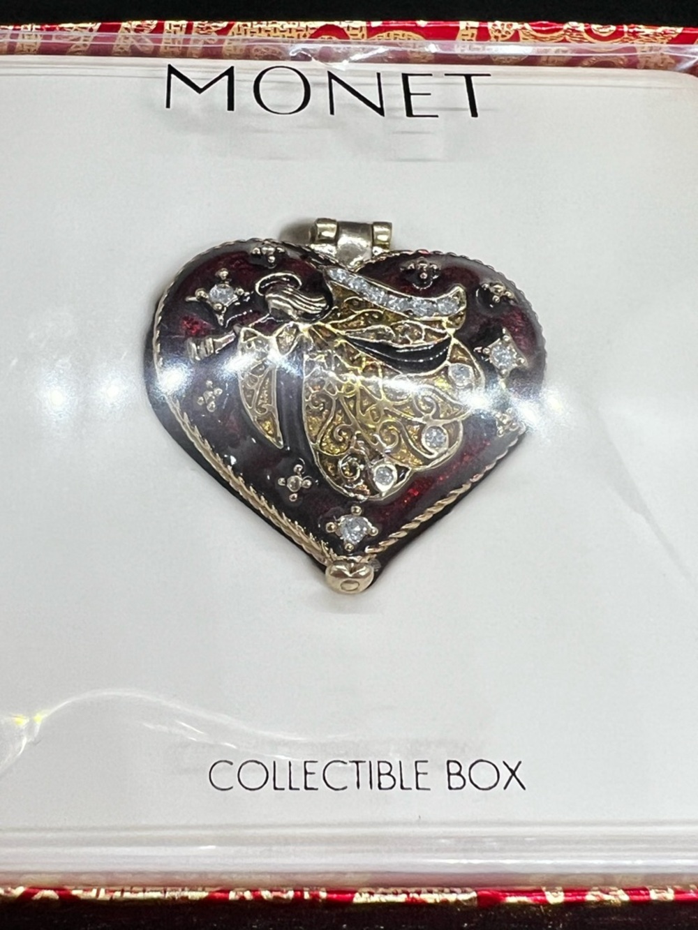 Collectible Monet Enamel Red Gold Angel Heart Trinket Box Vintage In Box - Picture 16 of 17